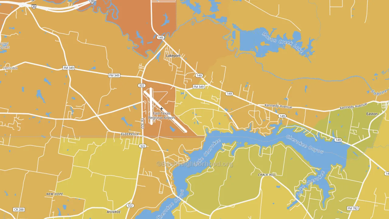Map of the best neighborhoods in the 75603 area, with better matches in green and worse matches in red