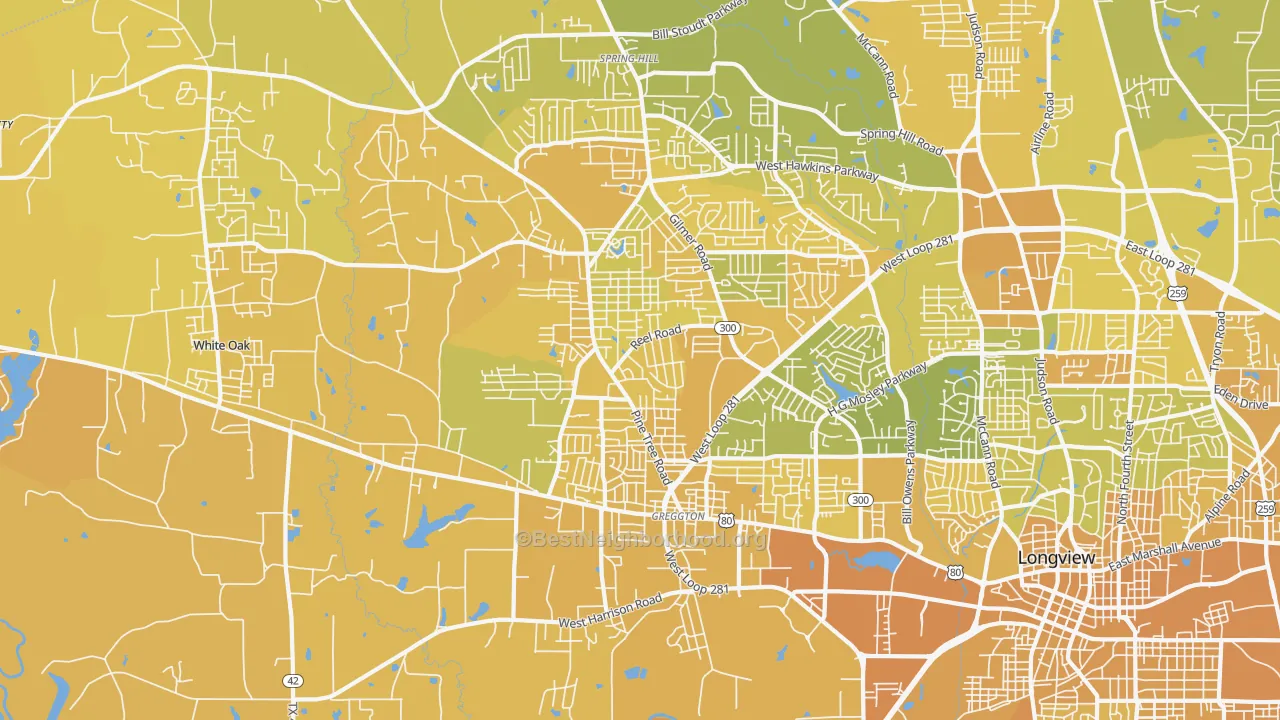 Map of the best neighborhoods in the 75604 area, with better matches in green and worse matches in red