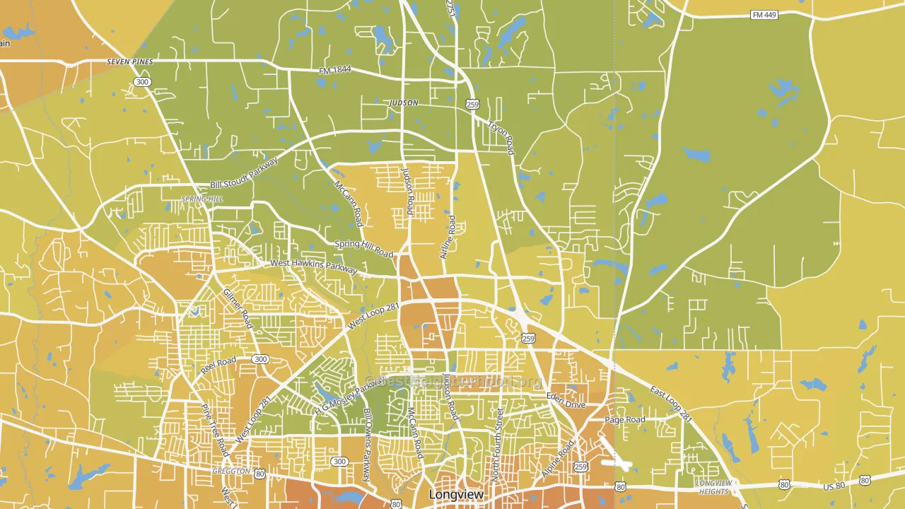 Map of the best neighborhoods in the 75605 area, with better matches in green and worse matches in red
