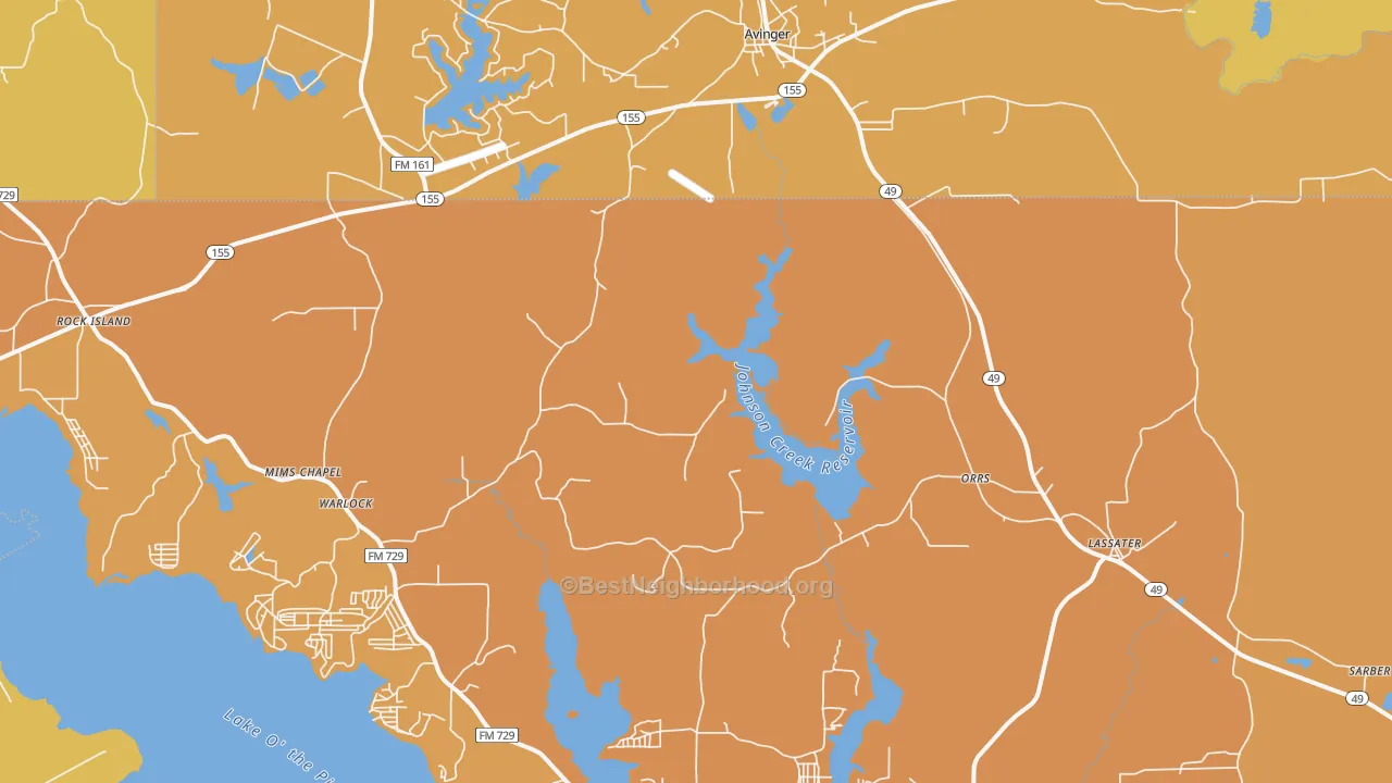 Map of the best neighborhoods in the 75630 area, with better matches in green and worse matches in red