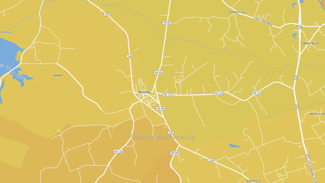 Map of the best neighborhoods in the 75631 area, with better matches in green and worse matches in red