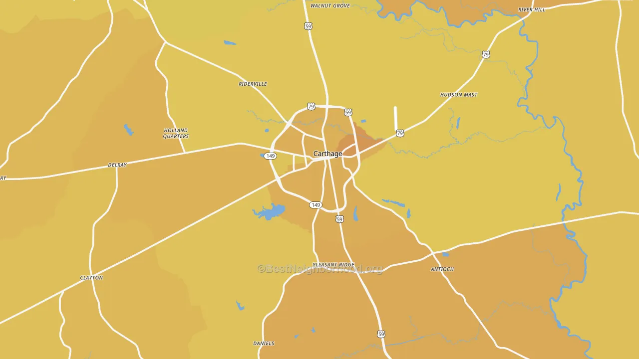 Map of the best neighborhoods in the 75633 area, with better matches in green and worse matches in red