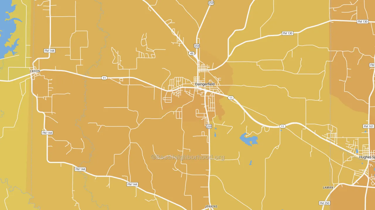 Map of the best neighborhoods in the 75638 area, with better matches in green and worse matches in red