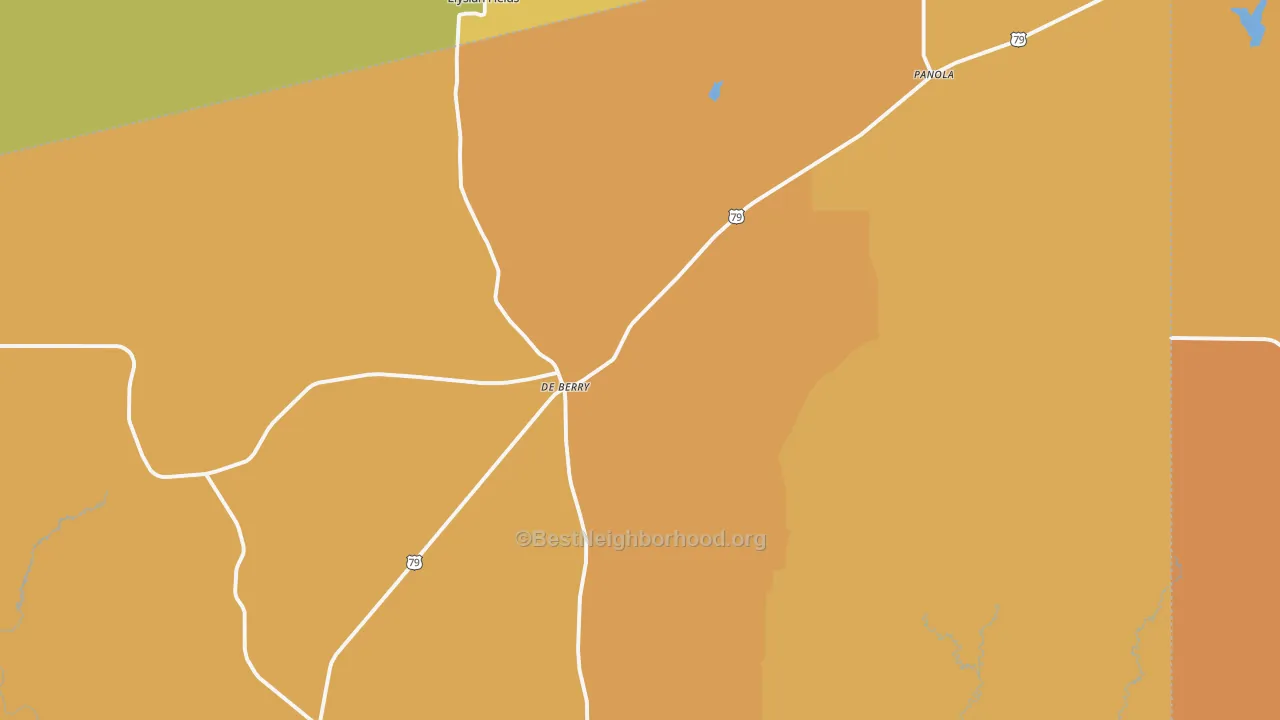Map of the best neighborhoods in the 75639 area, with better matches in green and worse matches in red