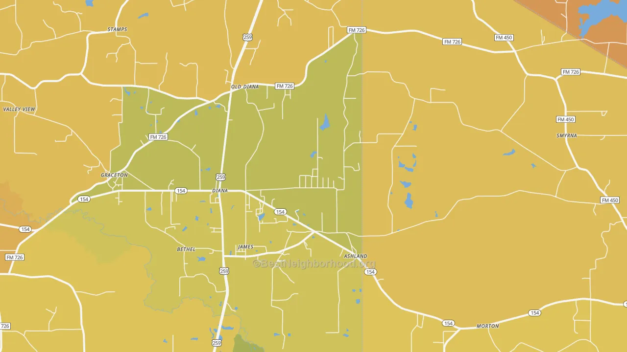 Map of the best neighborhoods in the 75640 area, with better matches in green and worse matches in red