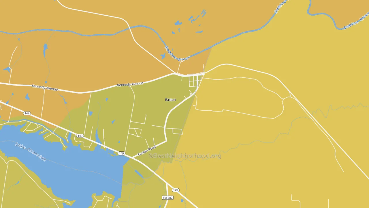 Map of the best neighborhoods in the 75641 area, with better matches in green and worse matches in red