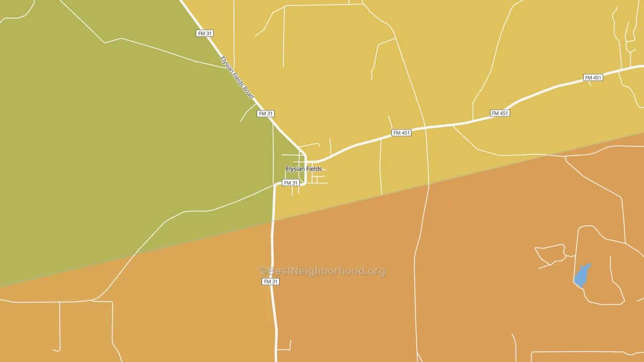 Map of the best neighborhoods in the 75642 area, with better matches in green and worse matches in red