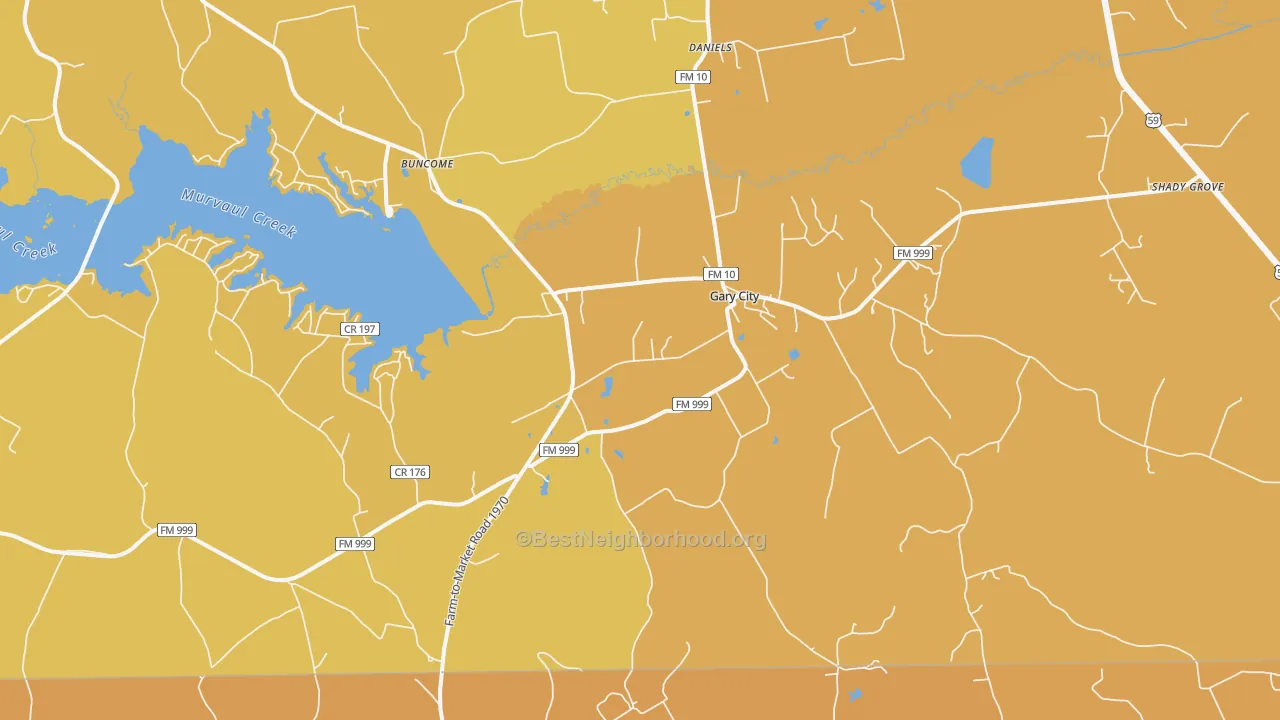 Map of the best neighborhoods in the 75643 area, with better matches in green and worse matches in red
