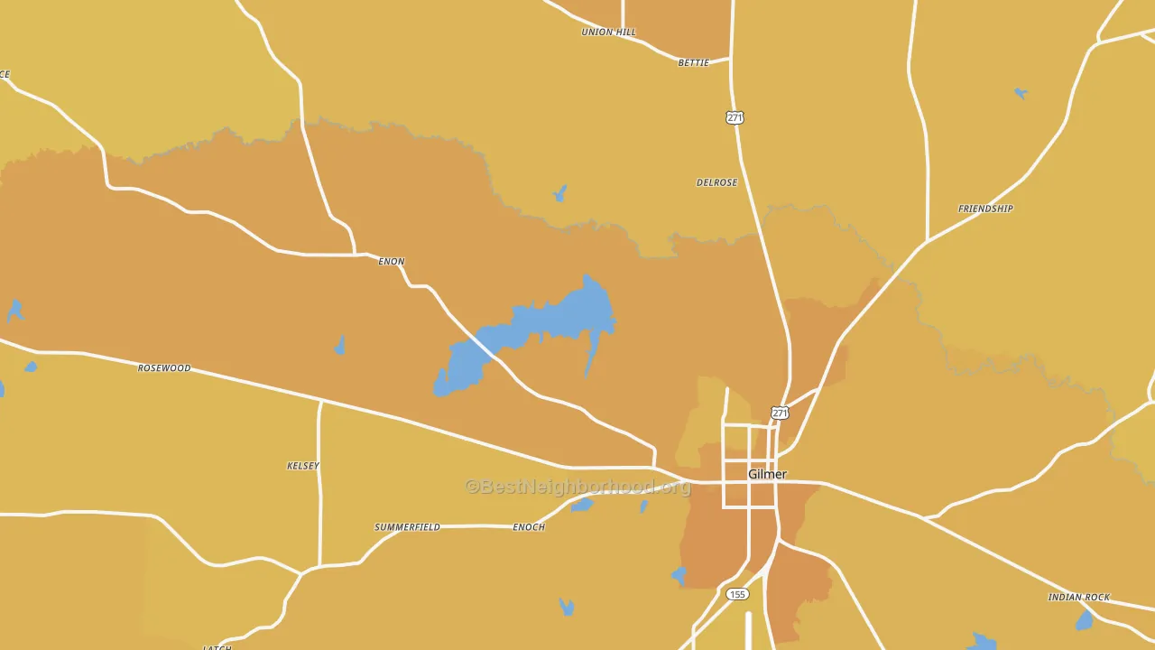 Map of the best neighborhoods in the 75644 area, with better matches in green and worse matches in red