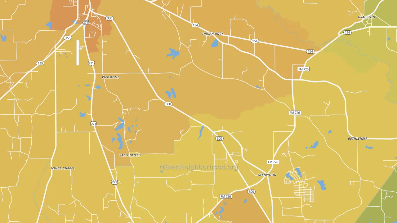 Map of the best neighborhoods in the 75645 area, with better matches in green and worse matches in red