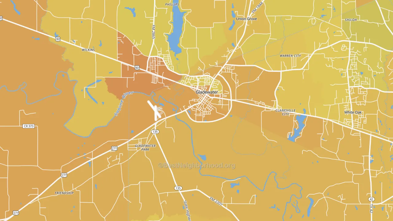 Map of the best neighborhoods in the 75647 area, with better matches in green and worse matches in red