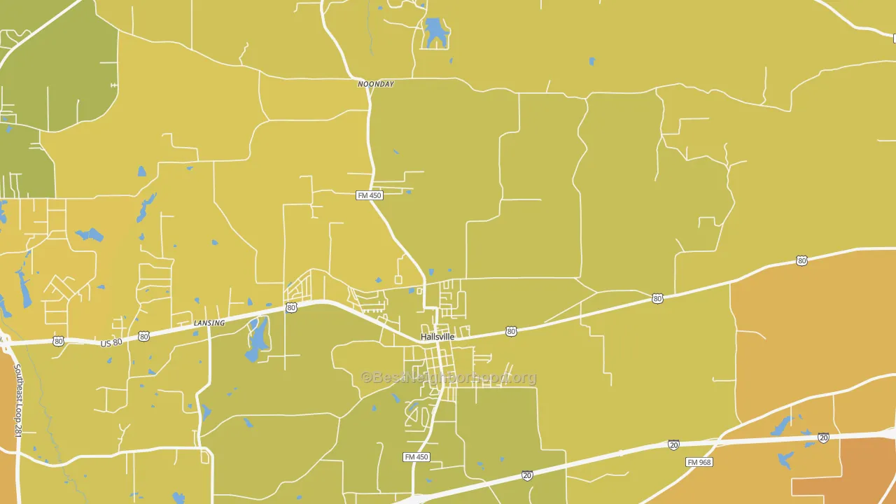Map of the best neighborhoods in the 75650 area, with better matches in green and worse matches in red