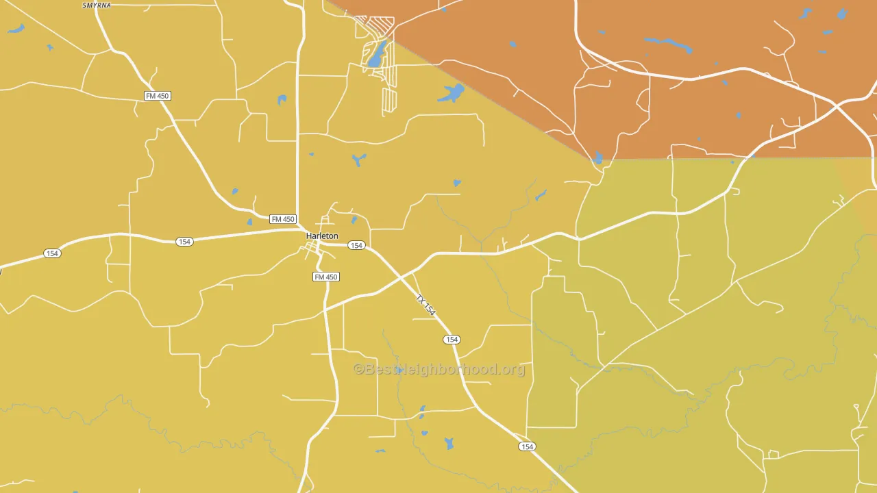 Map of the best neighborhoods in the 75651 area, with better matches in green and worse matches in red