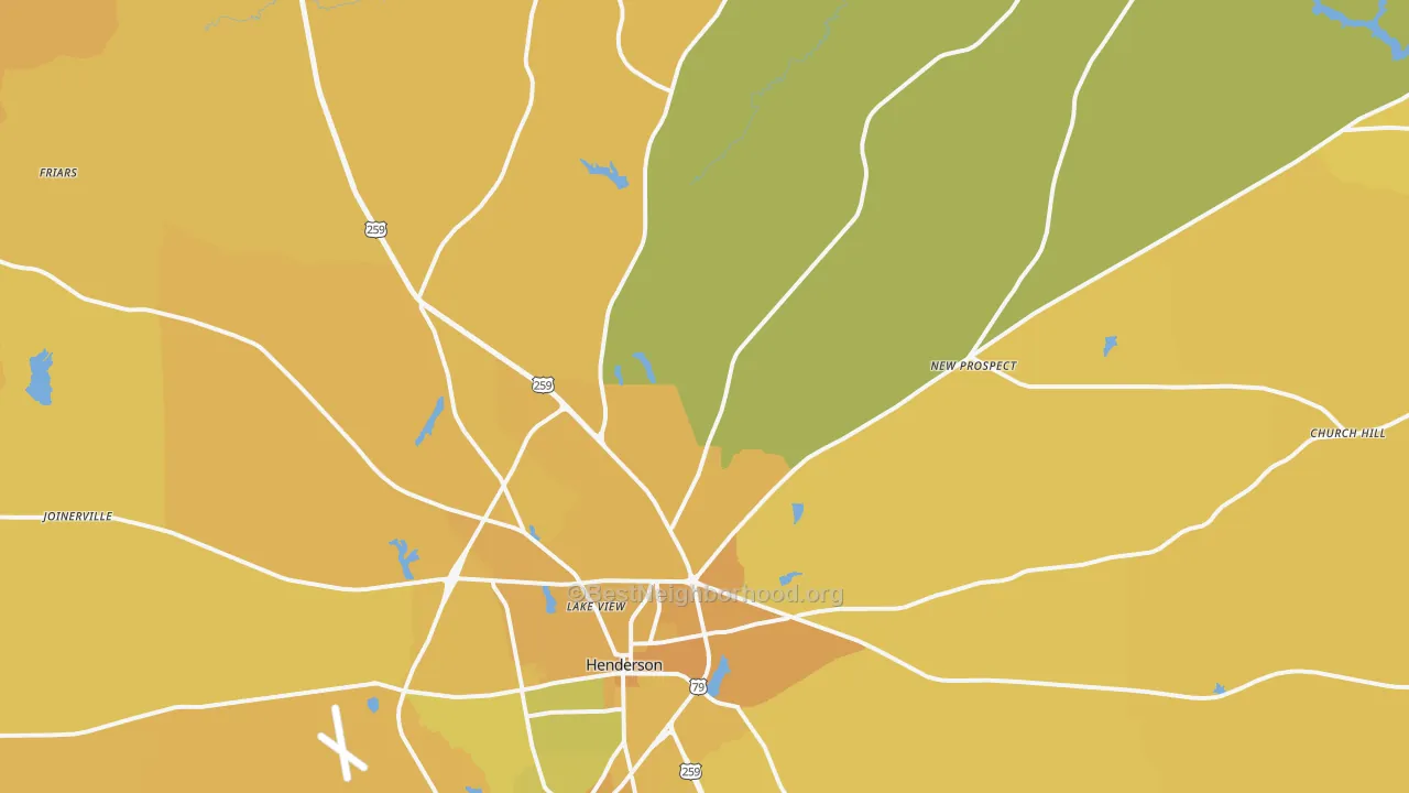 Map of the best neighborhoods in the 75652 area, with better matches in green and worse matches in red
