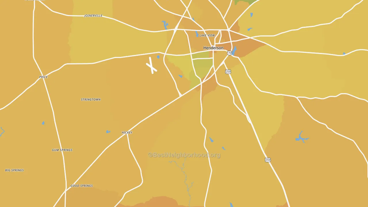 Map of the best neighborhoods in the 75654 area, with better matches in green and worse matches in red