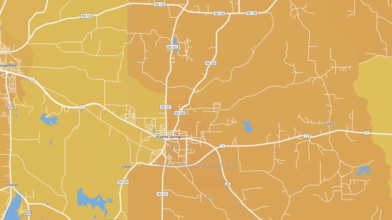 Map of the best neighborhoods in the 75656 area, with better matches in green and worse matches in red