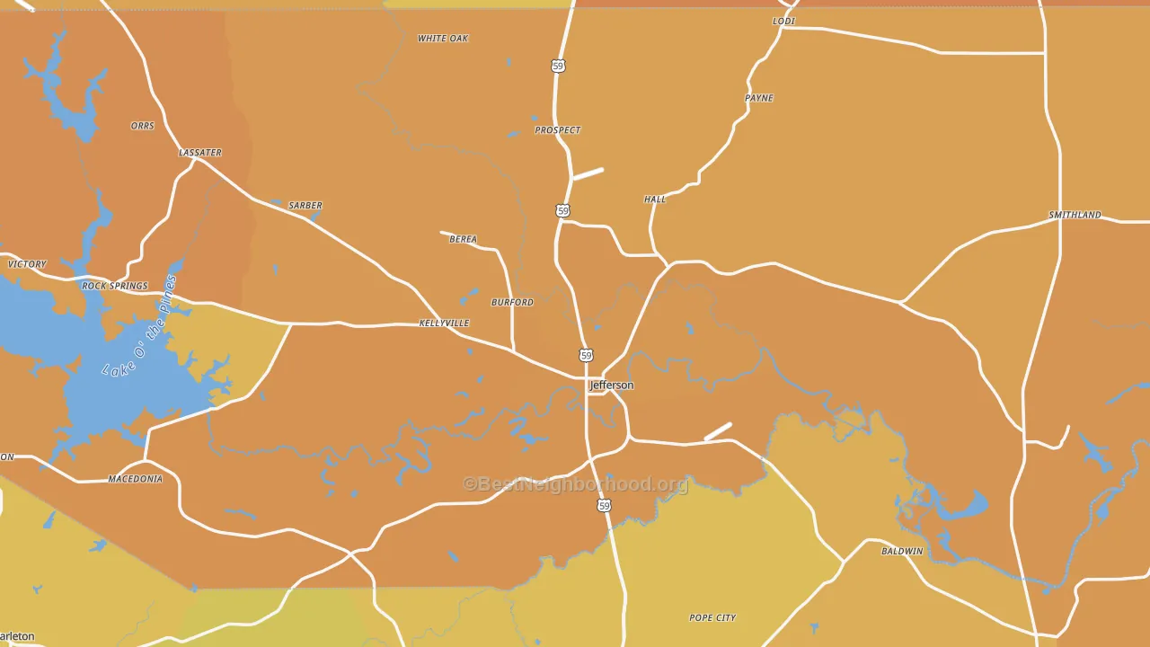 Map of the best neighborhoods in the 75657 area, with better matches in green and worse matches in red