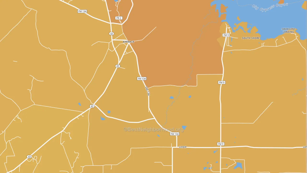 Map of the best neighborhoods in the 75661 area, with better matches in green and worse matches in red