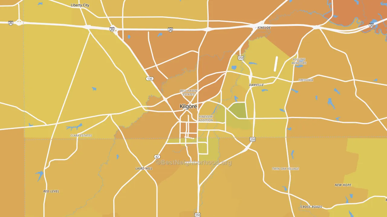 Map of the best neighborhoods in the 75662 area, with better matches in green and worse matches in red