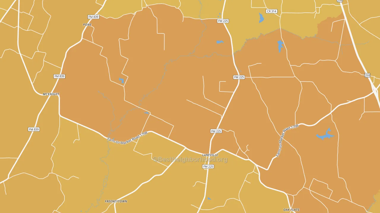 Map of the best neighborhoods in the 75667 area, with better matches in green and worse matches in red