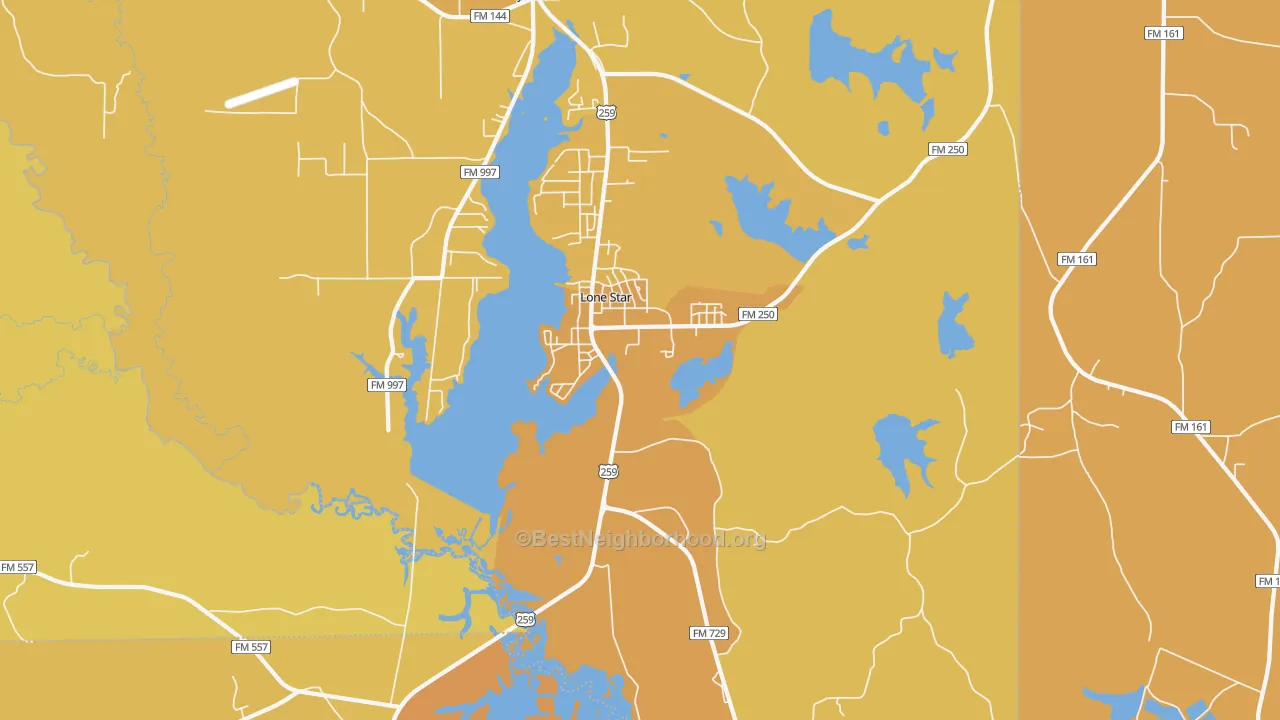 Map of the best neighborhoods in the 75668 area, with better matches in green and worse matches in red