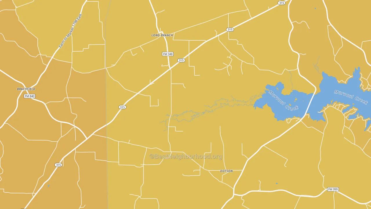 Map of the best neighborhoods in the 75669 area, with better matches in green and worse matches in red