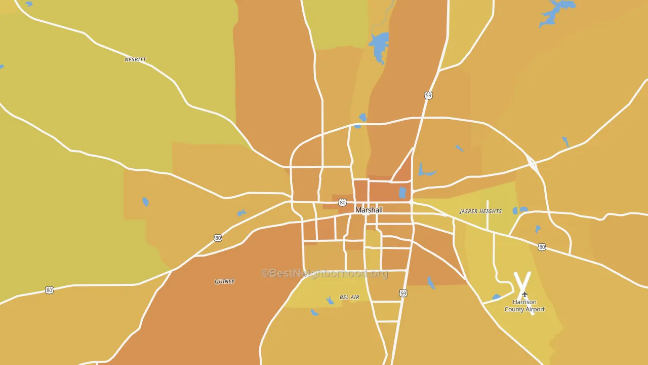 Map of the best neighborhoods in the 75670 area, with better matches in green and worse matches in red