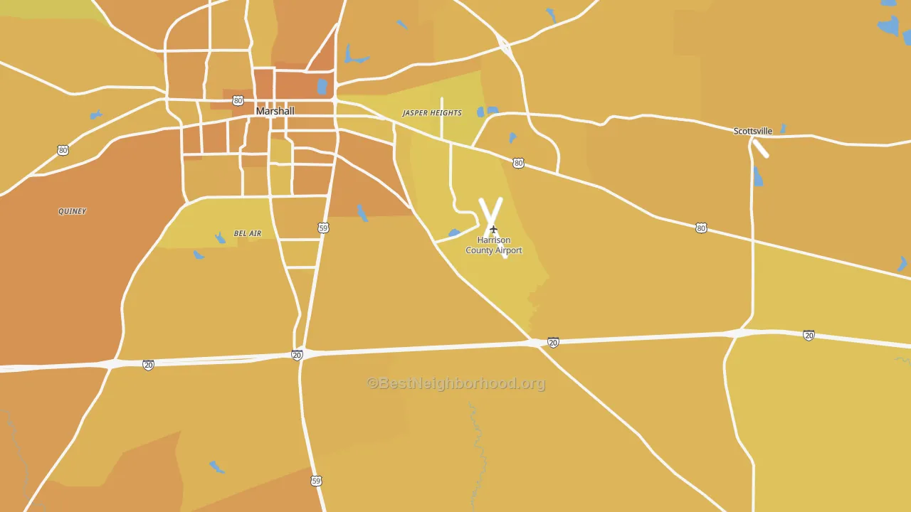 Map of the best neighborhoods in the 75672 area, with better matches in green and worse matches in red