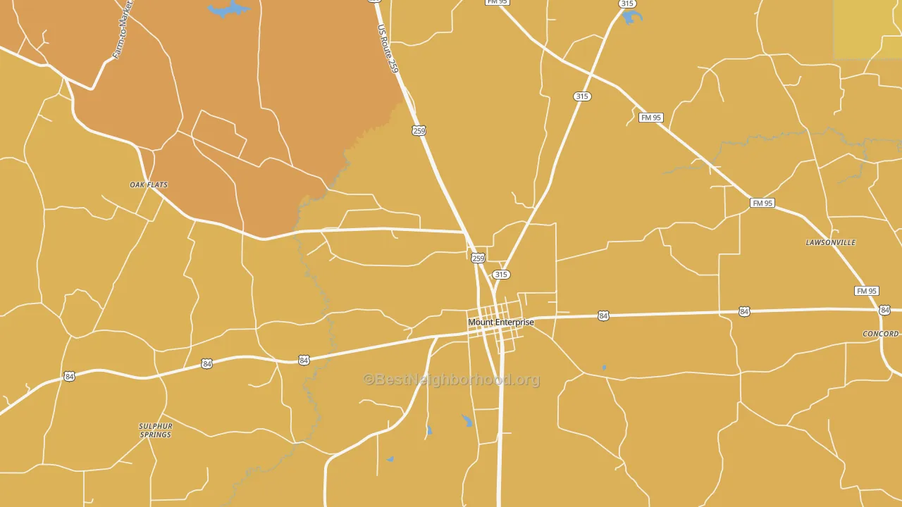 Map of the best neighborhoods in the 75681 area, with better matches in green and worse matches in red