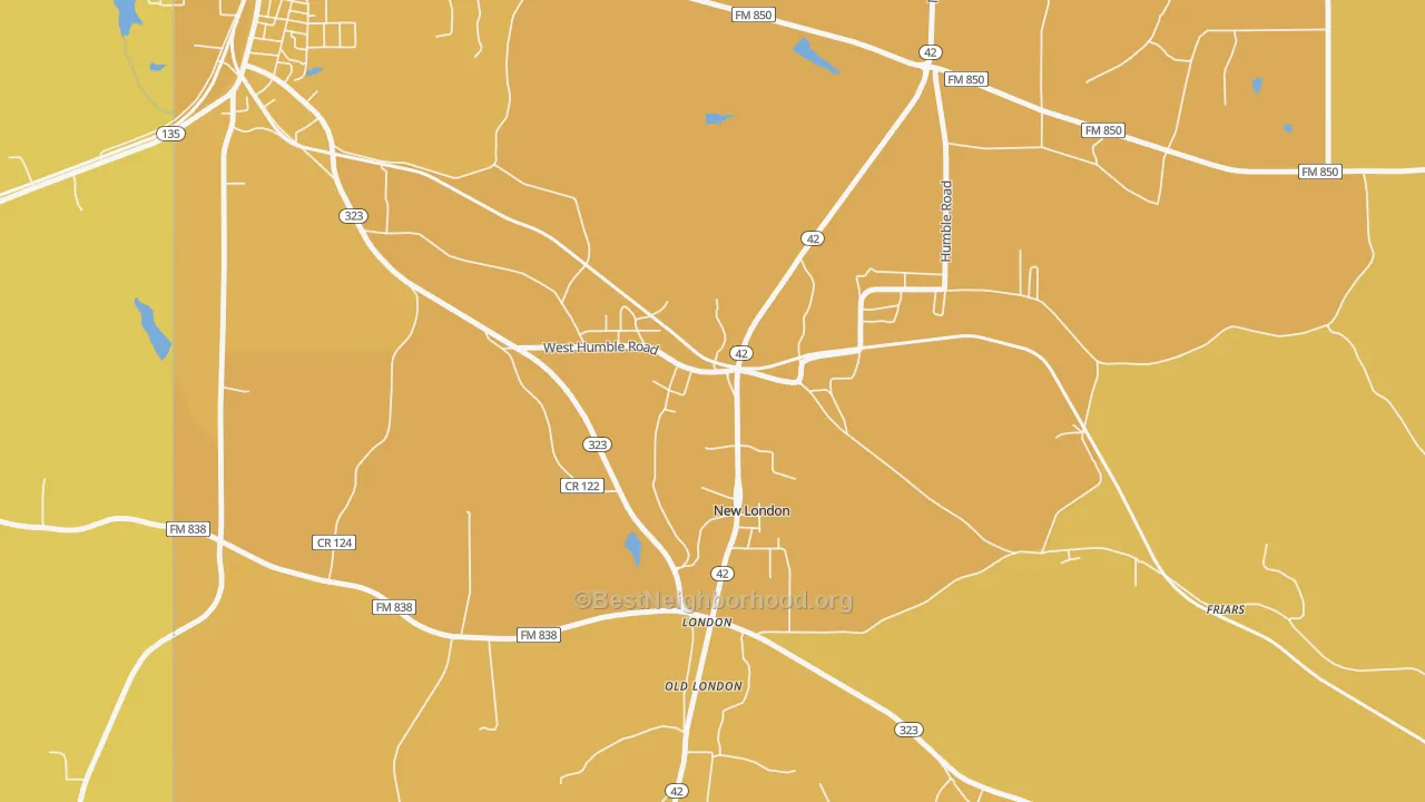 Map of the best neighborhoods in the 75682 area, with better matches in green and worse matches in red