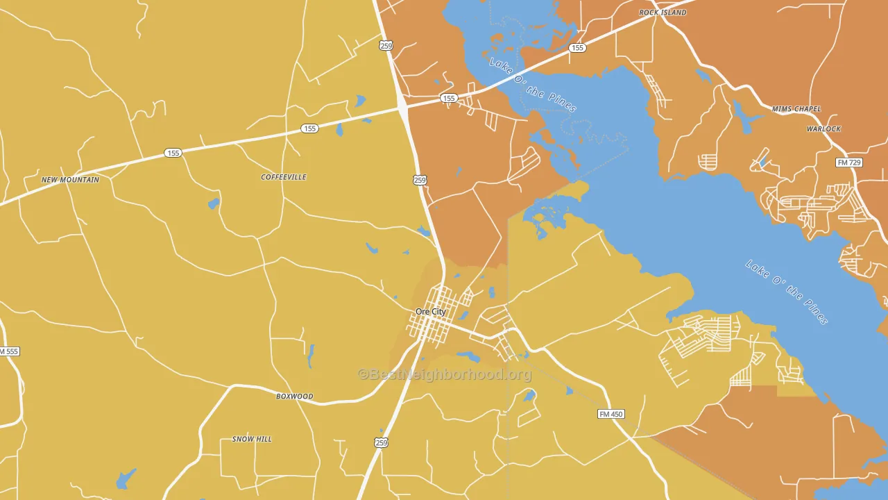 Map of the best neighborhoods in the 75683 area, with better matches in green and worse matches in red