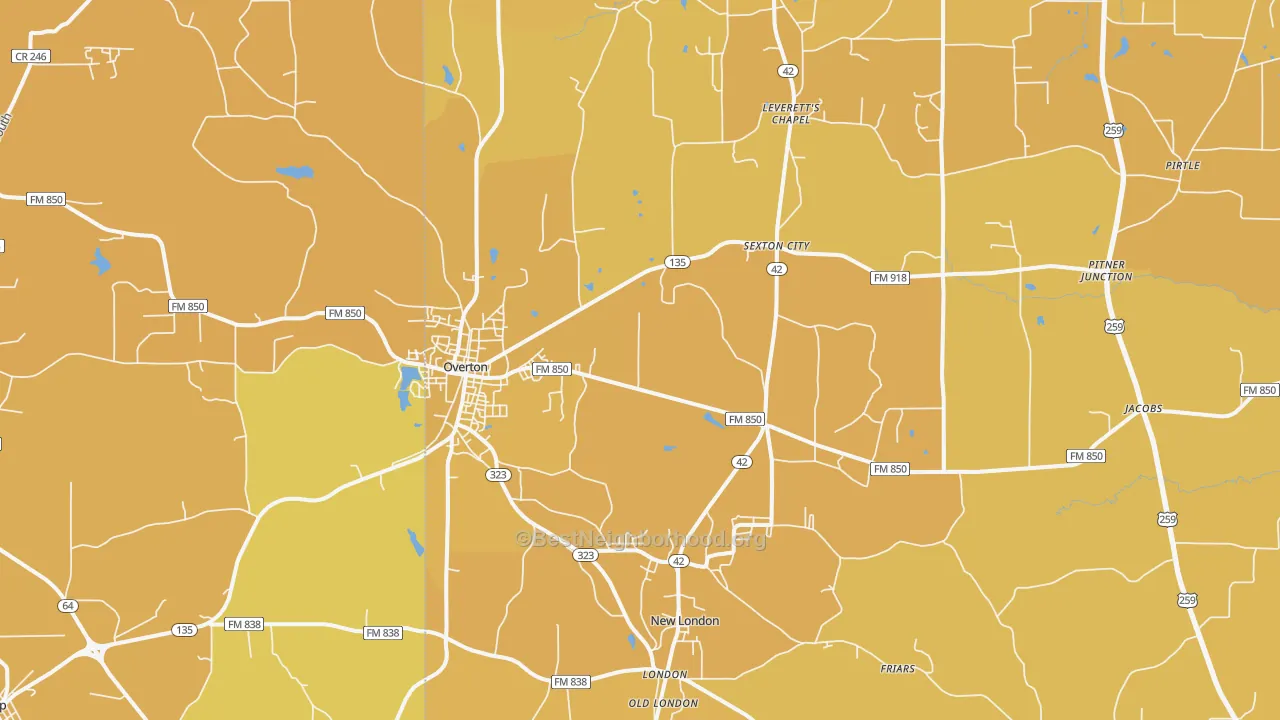 Map of the best neighborhoods in the 75684 area, with better matches in green and worse matches in red