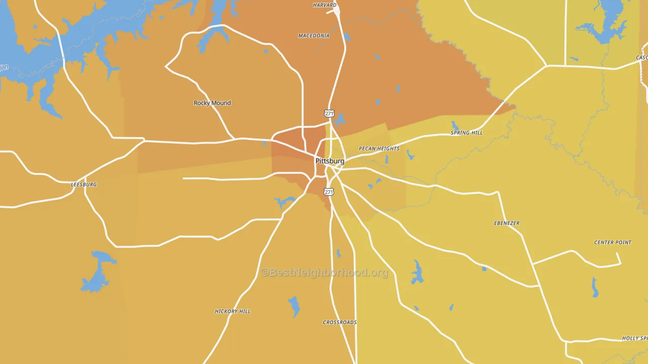 Map of the best neighborhoods in the 75686 area, with better matches in green and worse matches in red