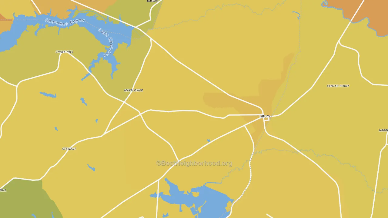 Map of the best neighborhoods in the 75691 area, with better matches in green and worse matches in red