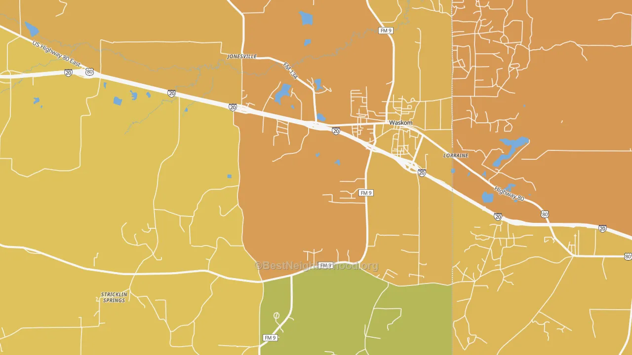 Map of the best neighborhoods in the 75692 area, with better matches in green and worse matches in red