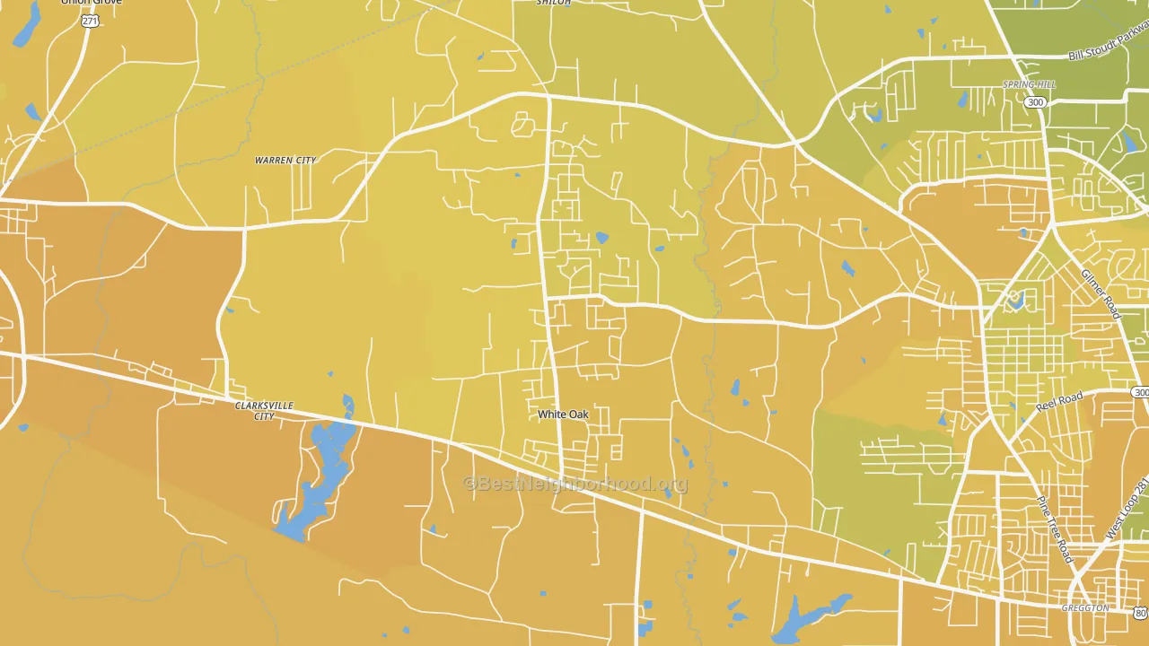 Map of the best neighborhoods in the 75693 area, with better matches in green and worse matches in red
