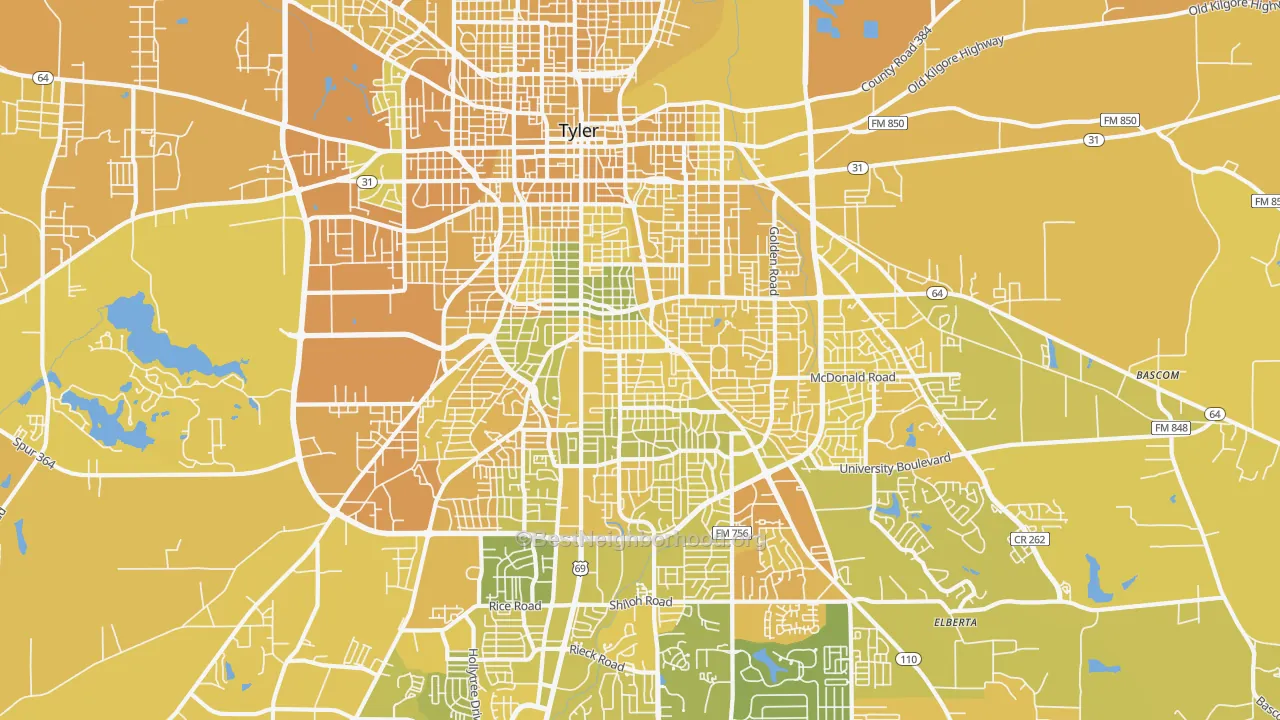 Map of the best neighborhoods in the 75701 area, with better matches in green and worse matches in red