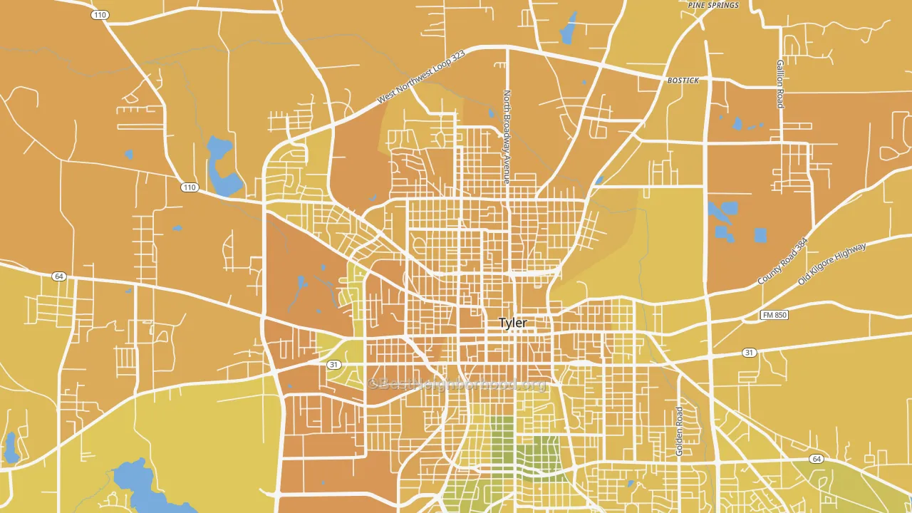 Map of the best neighborhoods in the 75702 area, with better matches in green and worse matches in red
