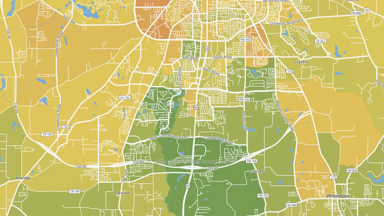Map of the best neighborhoods in the 75703 area, with better matches in green and worse matches in red