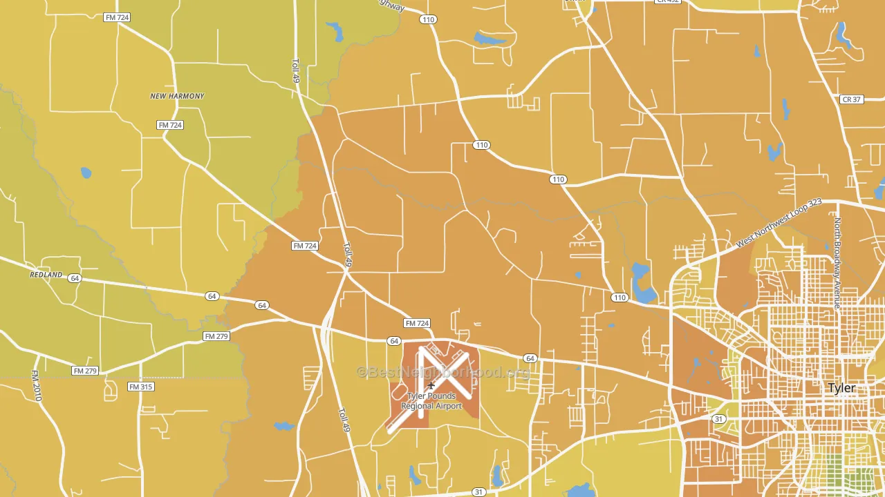 Map of the best neighborhoods in the 75704 area, with better matches in green and worse matches in red