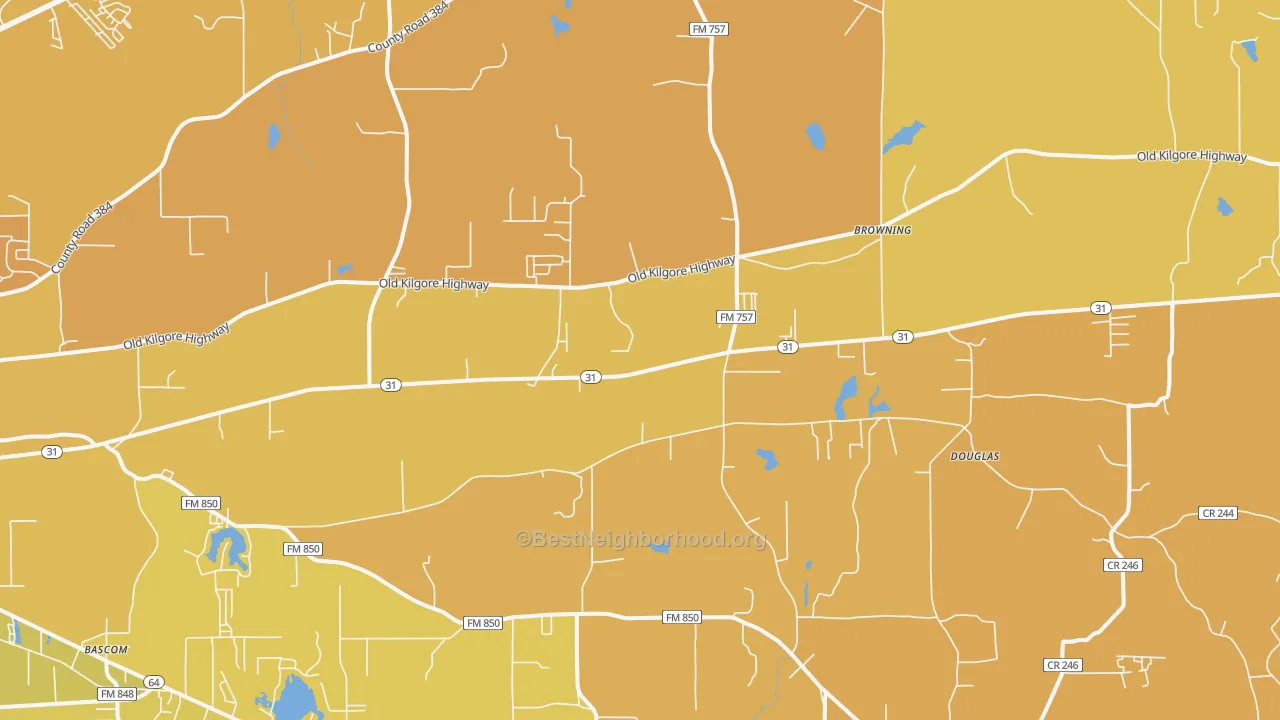 Map of the best neighborhoods in the 75705 area, with better matches in green and worse matches in red