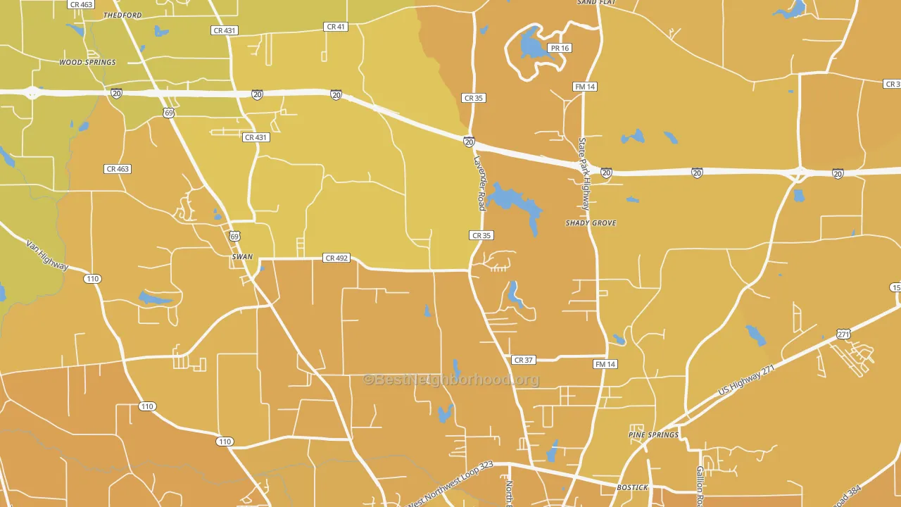 Map of the best neighborhoods in the 75706 area, with better matches in green and worse matches in red