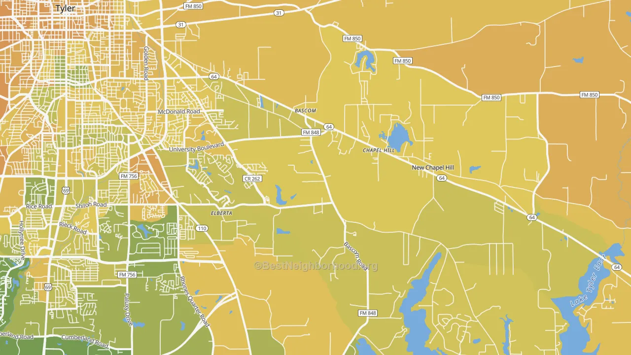 Map of the best neighborhoods in the 75707 area, with better matches in green and worse matches in red