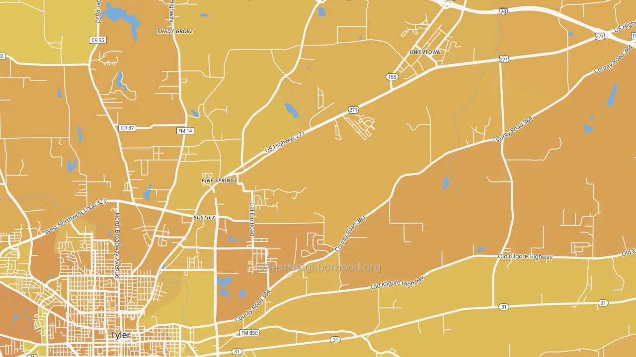 Map of the best neighborhoods in the 75708 area, with better matches in green and worse matches in red