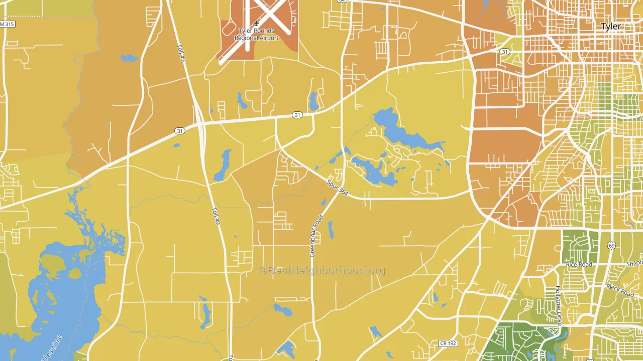 Map of the best neighborhoods in the 75709 area, with better matches in green and worse matches in red