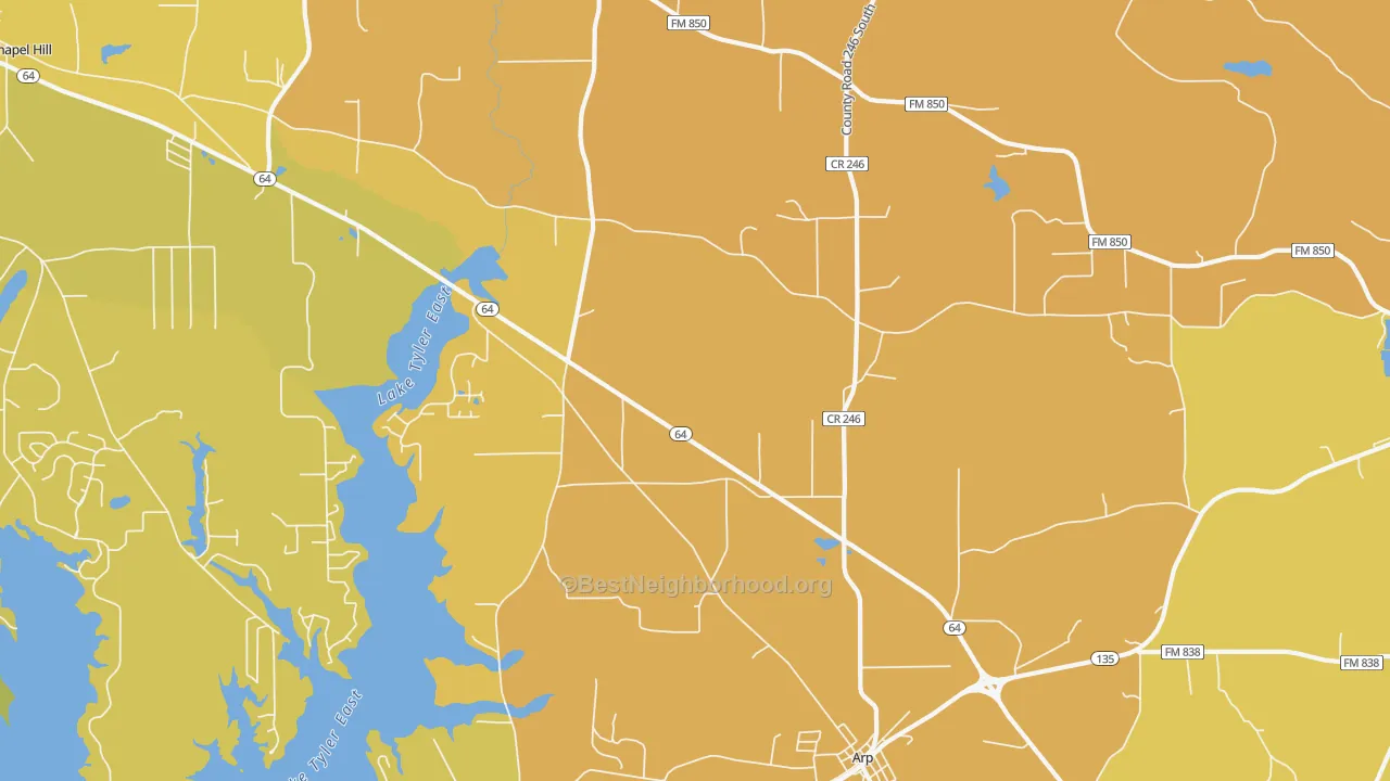 Map of the best neighborhoods in the 75750 area, with better matches in green and worse matches in red
