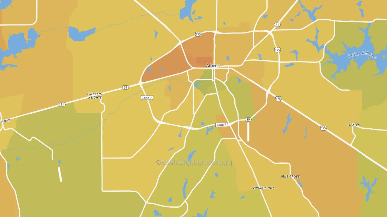 Map of the best neighborhoods in the 75751 area, with better matches in green and worse matches in red