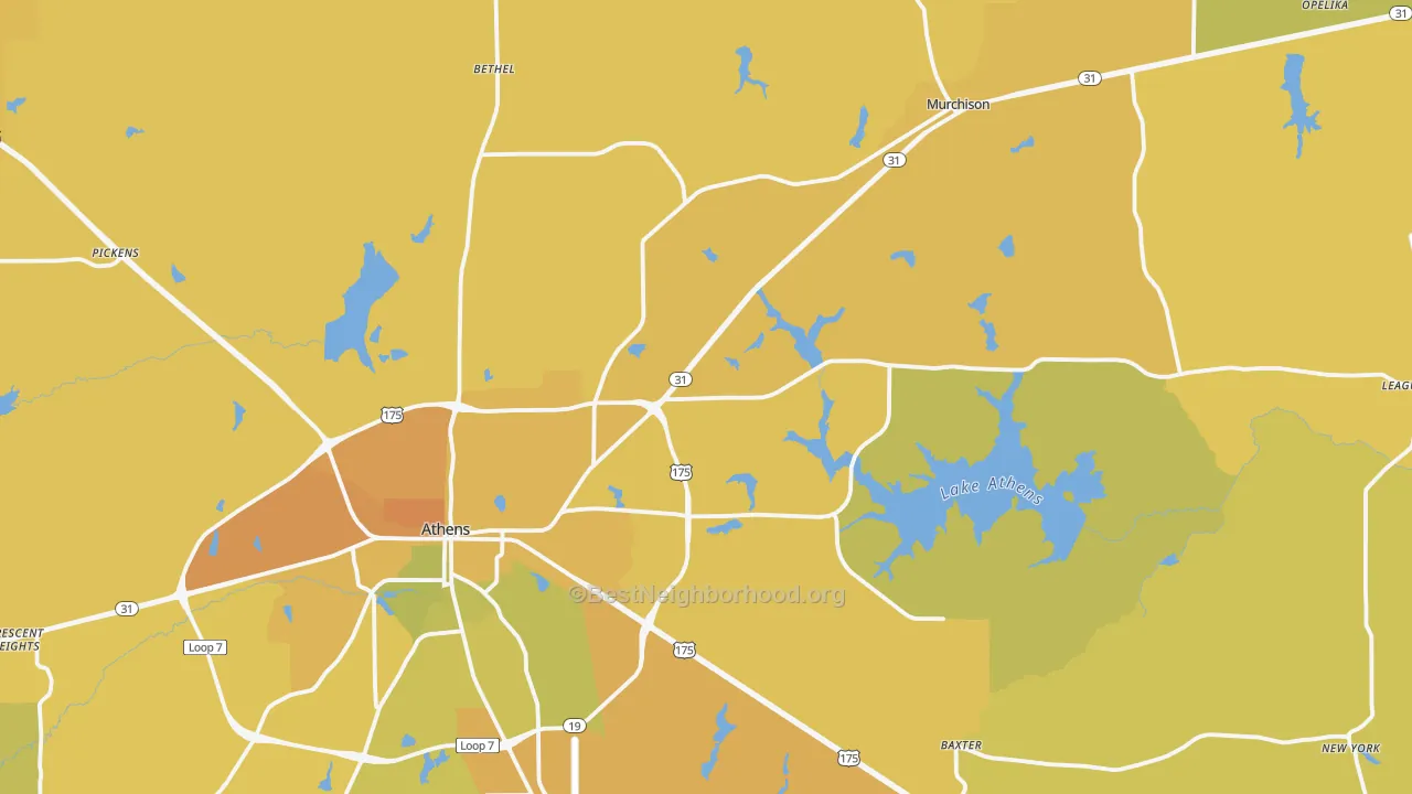 Map of the best neighborhoods in the 75752 area, with better matches in green and worse matches in red