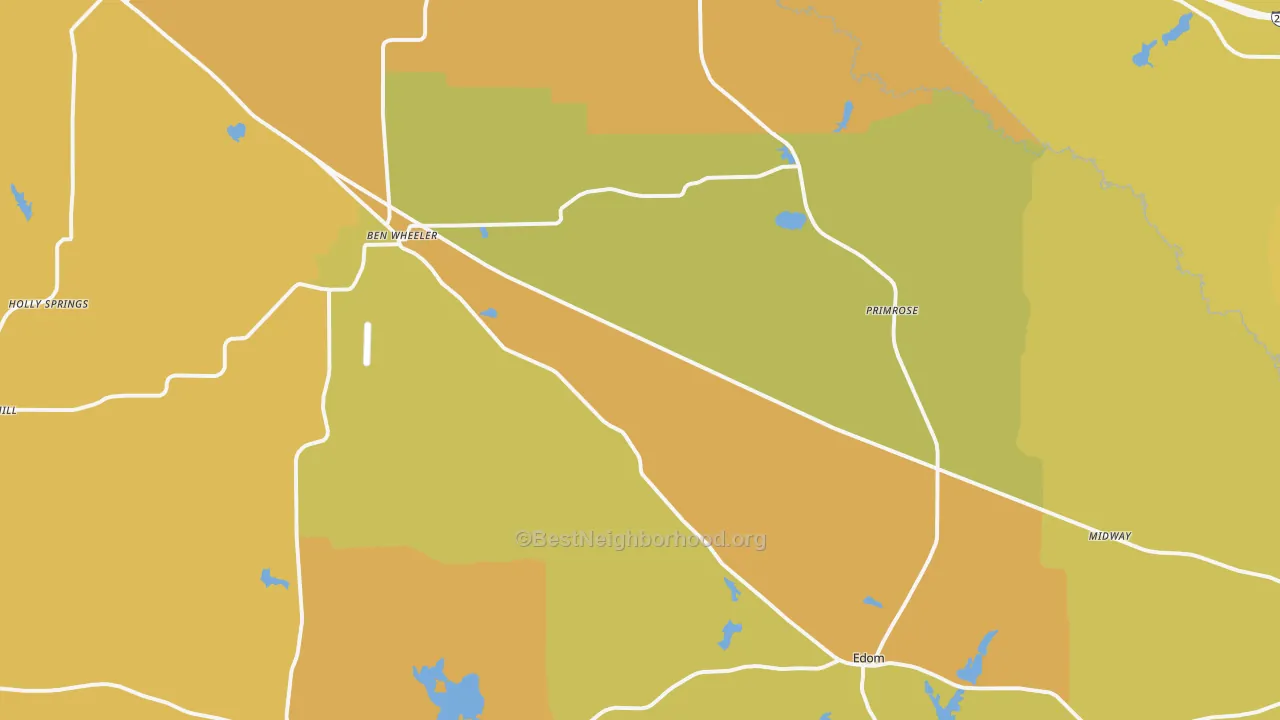 Map of the best neighborhoods in the 75754 area, with better matches in green and worse matches in red