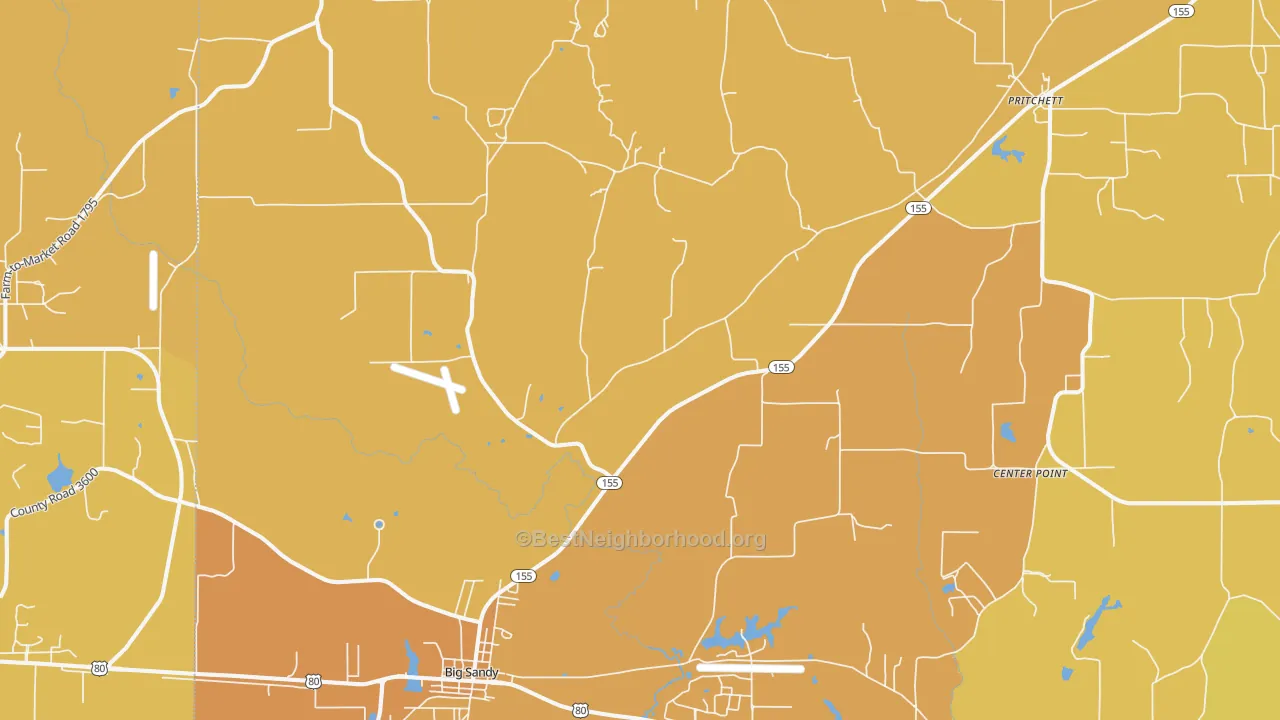 Map of the best neighborhoods in the 75755 area, with better matches in green and worse matches in red
